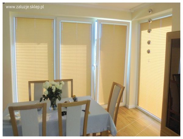 Eleganckie plisy materiałowe na oknach tarasowych: Nowoczesny akcent i ochrona przed słońcem.